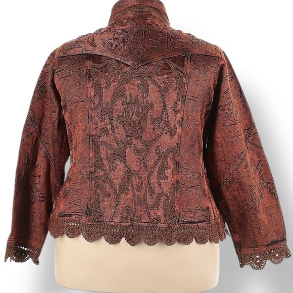 Vintage Flashback Embroidered Copper Jacket 3X Boho Crochet Hem Sequin Details - Picture 13 of 13